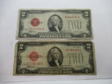 2 Count Lot of 1928 United States $2 Jefferson Red Seal Bill Currency Notes