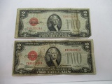 2 Count Lot of 1928 United States $2 Jefferson Red Seal Bill Currency Notes