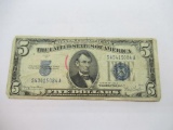 Vintage 1934 United States $5 Lincoln Silver Certificate Bill Currency Note
