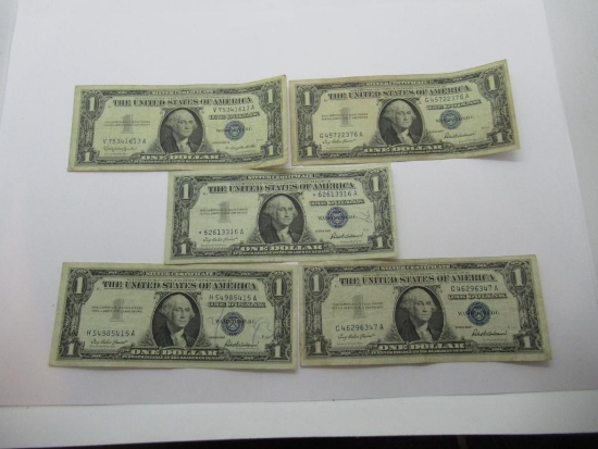 Lot of Five United States Silver Certificate One Dollar Bills