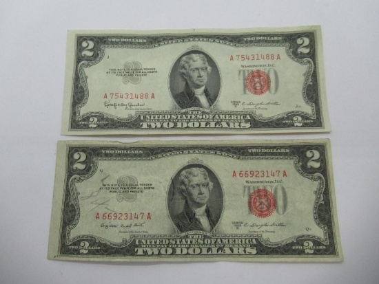 Lot of Two United States Red Seal Two Dollar Bills