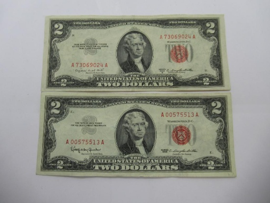 Lot of Two United States Red Seal Two Dollar Bills