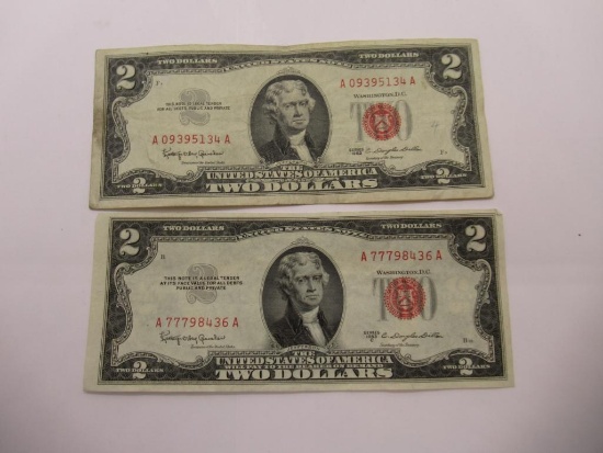Lot of Two United States Red Seal Two Dollar Bills