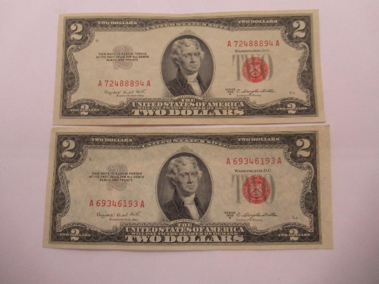 Lot of Two United States Red Seal Two Dollar Bills