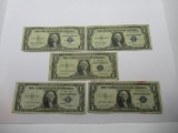 Lot of Five United States Silver Certificate One Dollar Bills