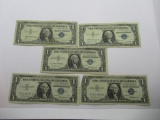 Lot of Five United States Silver Certificate One Dollar Bills