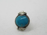 Large Round High Grade Turquoise Native Sterling Silver Heavy Ring Size 7.5