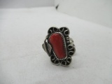 Beautiful Red Coral Chunk Sterling Silver Ring Size 7