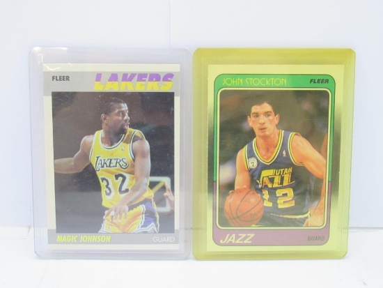 2 Vintage Basketball Cards - John Stockton Fleer Rookie & 1987-88 Fleer Magic Johnson