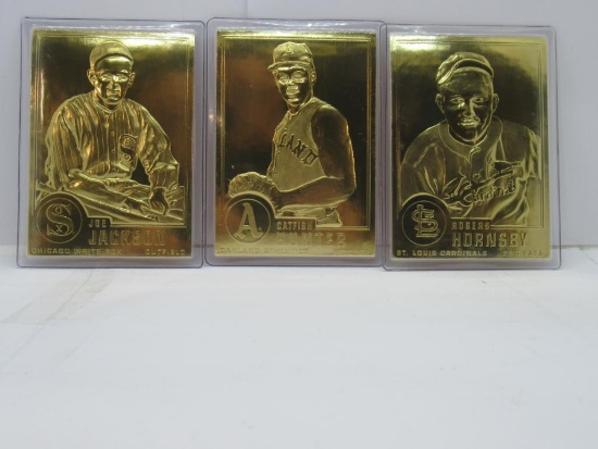 3 Card Lot of 23kt Gold Baseball Cards - Rogers Hornsby, Catfish Hunter, Joe Jackson