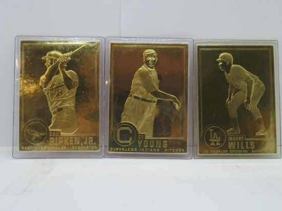 3 Card Lot of 23kt Gold Baseball Cards - Maury Wills, Cy Young, Cal Ripken Jr.