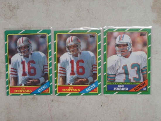 3 Card Lot of 1986 Topps Football Cards - 2 Joe Montana & Dan Marino