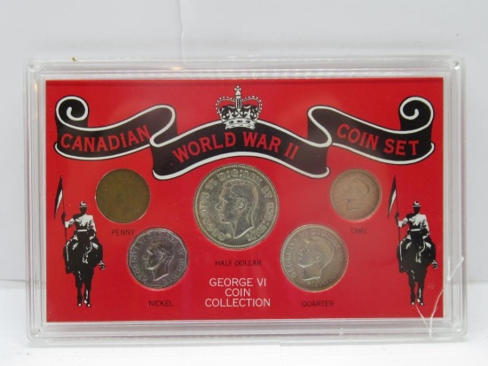 Display of Canadian World War II Coin Set with Silver Half Dollar, Quarter & Dime