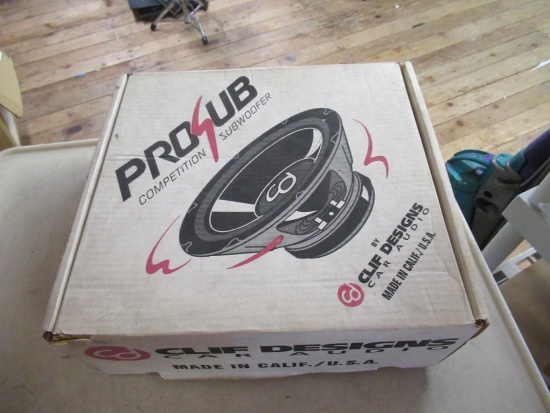Unused car audio clif designs 8" dual voice coil subwoofer.