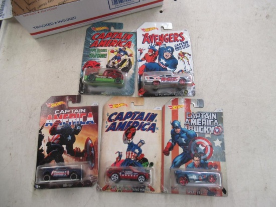 5 Marvel themed hot wheel cars