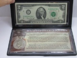 1976 United States Bicentennial Jefferson $2 Bill & Eisenhower Dollar in Display