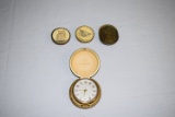 Lot of Scrimshaw Belt Buckles and a Westclox Clock