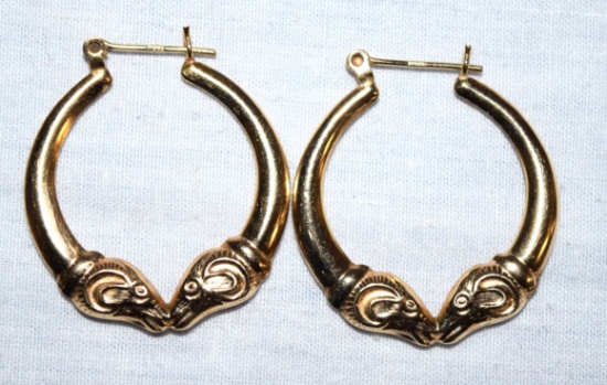 Estate Pair of 14K Yellow Gold Kissing Rams Hoop Earrings