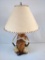 Burl wood antler lamp with fox fur
