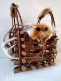 Hickory magazine basket with antlers & fox fur