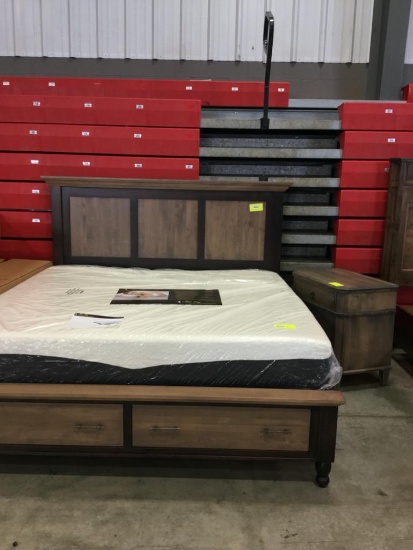 King Maple Two Tone Panel Storage Bed with 2 Front Drawers in Driftwoos Stain and 1 Nightstand with