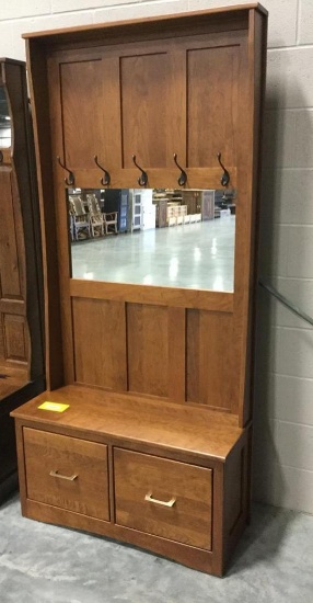 Cherry 36" Hall Seat, hooks, mirror, 2 drawers, Seely stain