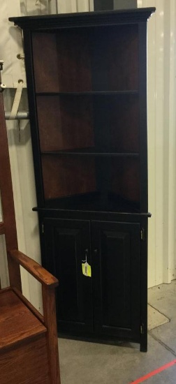 Brown Maple 28 1/2" Corner cabinet with three shelves, two door and painted black distressed