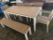 WHITE AND TAN METAL AND POLY TABLE AND 4 CHAIRS AND BENCH