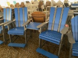 BLUE AND GREY CHAIRS WITH FOOT RESTS AND CONNECTED TABLE
