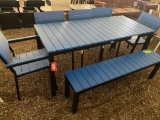 BLUE AND BLACK METAL AND POLY TABLE W/4 CHAIRS AND BENCH
