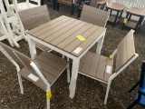 TAN AND WHITE SMALL METAL AND POLY TABLE AND 4 CHAIRS