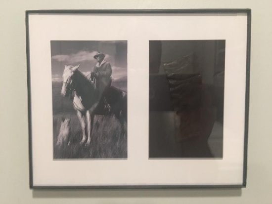 Genuine 1800s Leather Boot Fragment and a Framed COPY of a Cowboy Picture