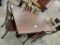 BROWN MAPLE DINING TABLE W/ METAL BASE, 6 SIDE CHAIRS COFFEE 42X84IN