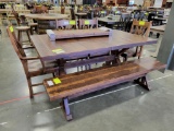 BROWN MAPLE ROUGHSAWN DINING TABLE W/ 2 LEAVES, 2 ARM, 2 SIDE CHAIRS, 1 BENCH LIGHT ASBURY 42X72