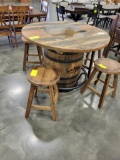 RECLAIMED BARREL BAR TABLE W/ 4 STOOLS 48 IN ROUND