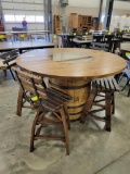 HICKORY BAR TABLE W/ 4 BAR STOOLS ALMOND STAIN 56 IN ROUND