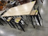 WORMY MAPLE BAR TABLE W/ 6 BAR CHAIRS NATURAL HAIRPIN LEGS 36X72X35IN