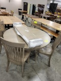 BROWN MAPLE DINING TABLE W/ 4 SIDE CHAIRS, 2 LEAVES MOREL GRAY 54IN ROUND