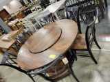 BROWN MAPLE DINING TABLE W/ SIDE CHAIRS, LAZY SUSAN CENTER 60IN ROUND