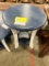 BR MAPLE AND OAK END TABLE 20RDX24 WHITE AND BLUE LEATHER PAINT