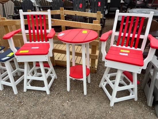SET OF 3, 2 RED/WHITE POLY SWIVEL PUB CHAIRS, 1 TABLE