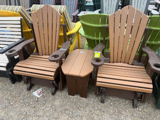 SET OF 3, 2 BROWN/TAN POLY GLIDERS, 1 SIDE TABLE