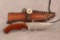 Wood handled knife for NWTF. stamped P.R.C. leather sheath 10.5