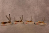 4 2020 CASE XX AMBER AND ANTIQUE BONE PEACH SEED JIG HANDLE KNIVES