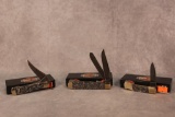 3- 2018 CASE XX KNIVES HARLEYT DAVIDSON WITH BLACK SMOKE HANDLES. RUSSLOCK, TRAPPER AND LOCKBACK
