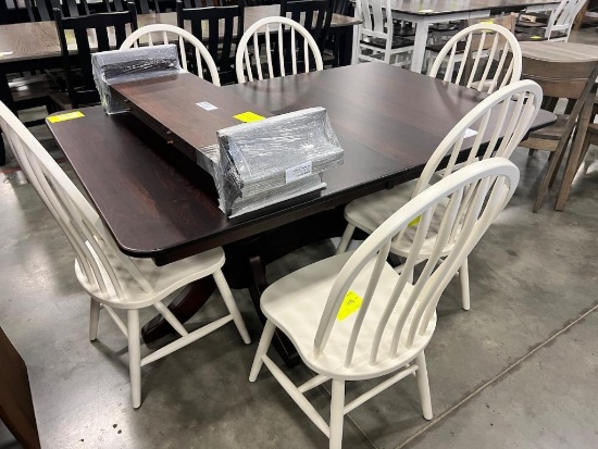 BROWN MAPLE PEDESTAL TABLE, 6 SIDE CHAIRS, 2 LEAVES WHITE AND RICH TOBACCO 42X66 IN