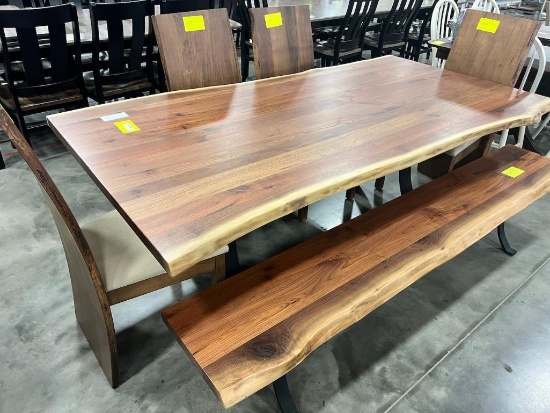 RUSTIC WALNUT LIVE EDGE DINING TABLE W 4 SIDE CHAIRS, 1 BENCH 42X84 IN