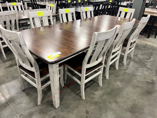 CHERRY AND OAK DINING TABLE W 6 SIDE CHAIRS, 4 LEAVES, EARTHTONE 44X60 IN
