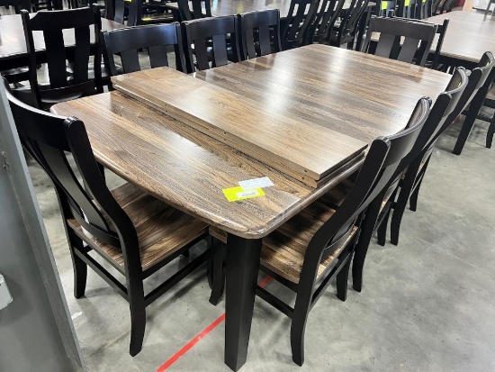 ELM DINING TABLE W 8 SIDE CHAIRS, 2 LEAVES, ONYX 44X60 IN