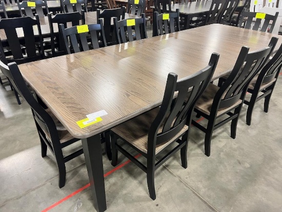 OAK DINING TABLE W 8 SIDE CHAIRS, 4 LEAVES, GREY AND BLACK 44X60 IN